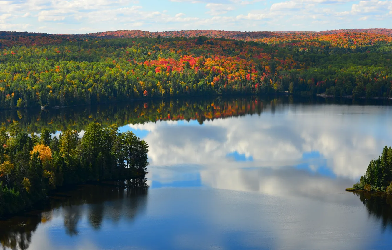 Photo wallpaper autumn, forest, the sky, clouds, lake, hills