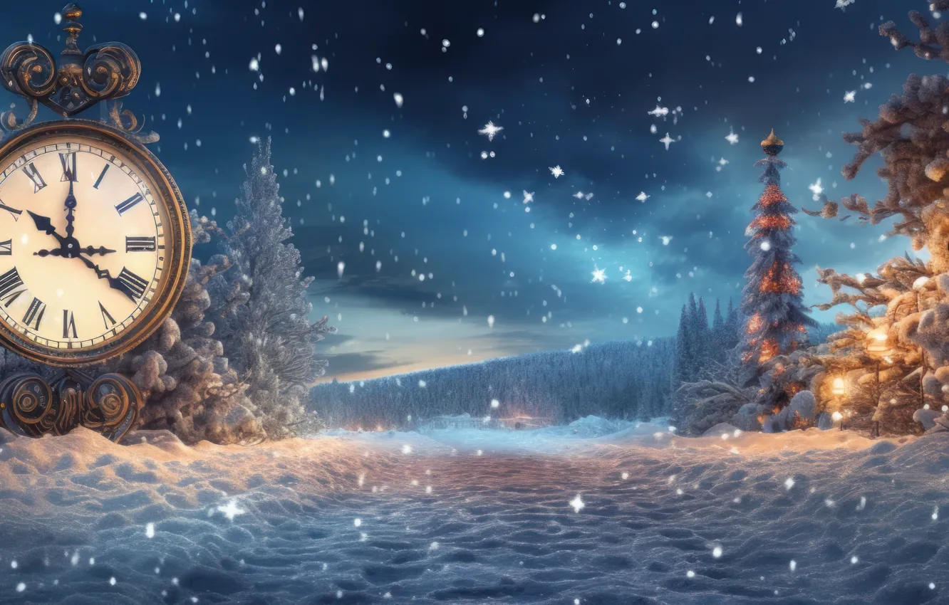 Photo wallpaper winter, snow, night, time, watch, new year, Christmas, panorama