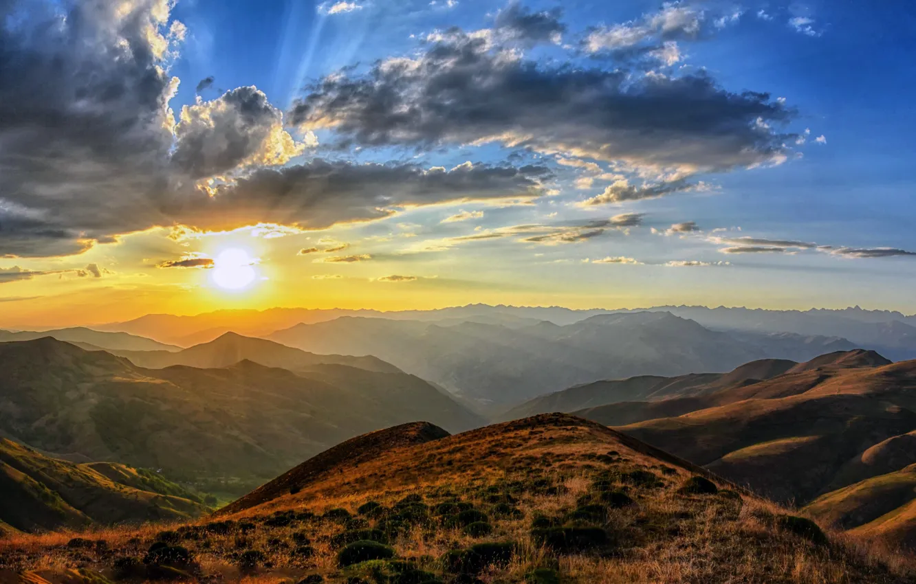 Photo wallpaper The sun, Nature, Clouds, Mountains, Morning, Dawn