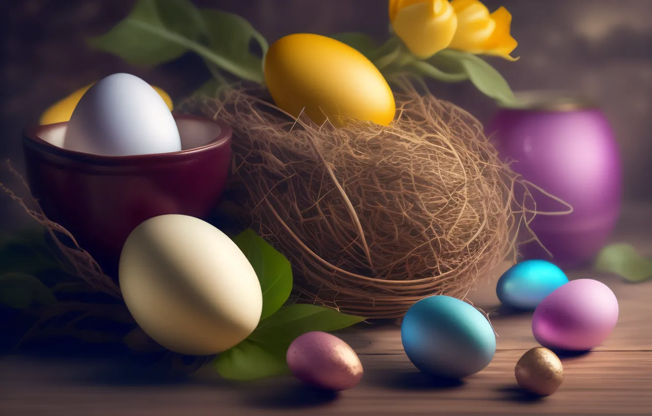 Photo wallpaper flower, eggs, Easter, socket, colorful, eggs, neural network