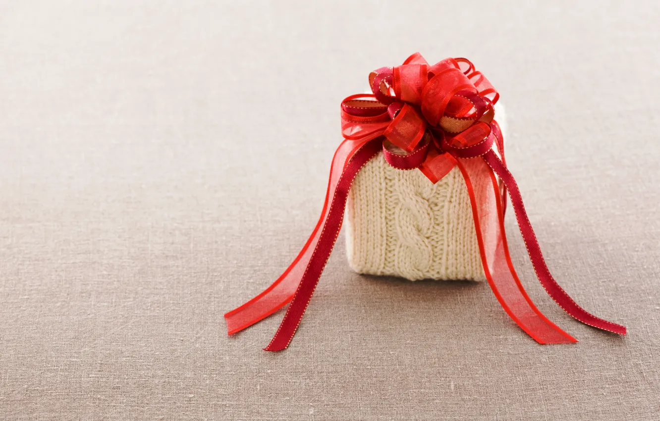 Photo wallpaper red, gift, tape, fabric, bow, box, knitted