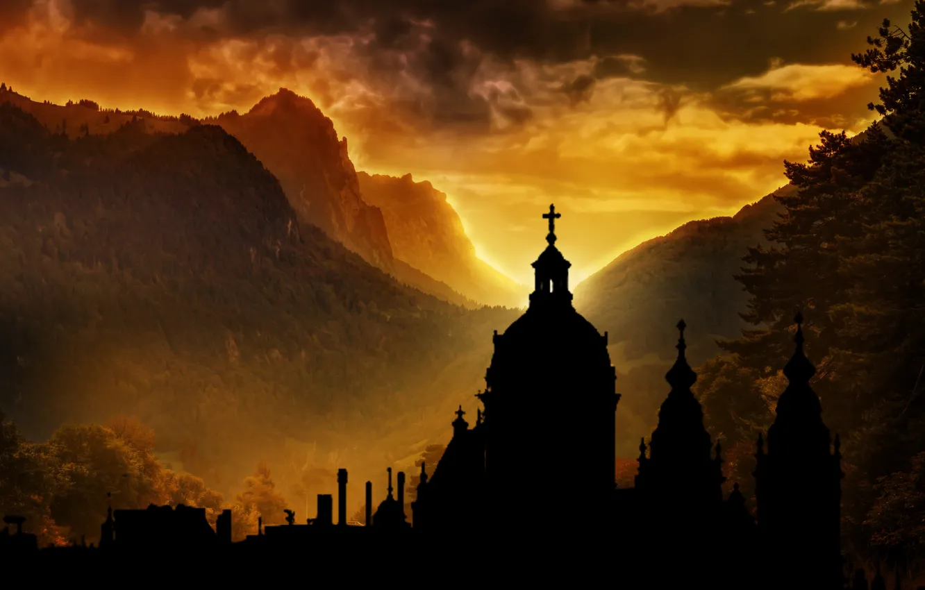 Photo wallpaper sunset, silhouette, church, nihgt