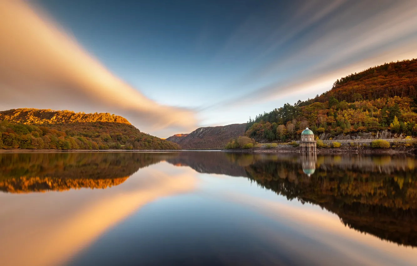 Photo wallpaper forest, the sky, mountains, reflection, water surface, Sven Roden