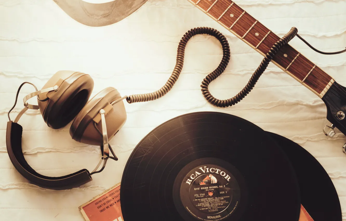 Photo wallpaper guitar, headphones, vinyl, records
