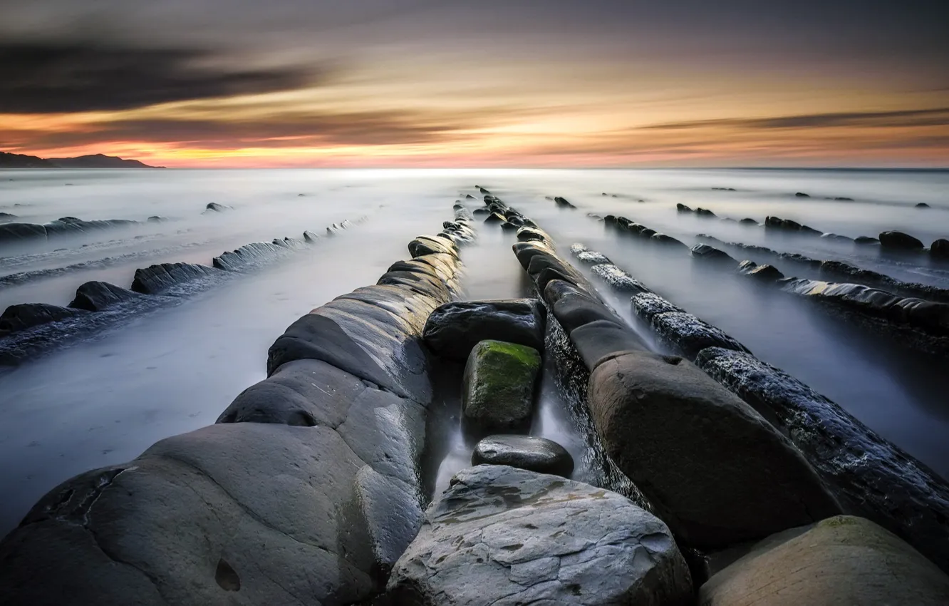 Photo wallpaper sea, sunset, stones, shore