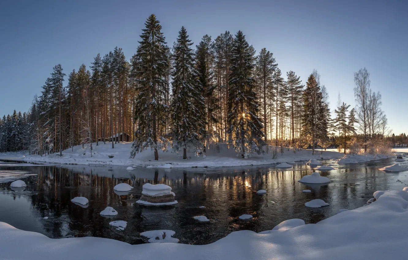 Photo wallpaper forest, house, river, Winter, photographer Evalds Kivlenieks