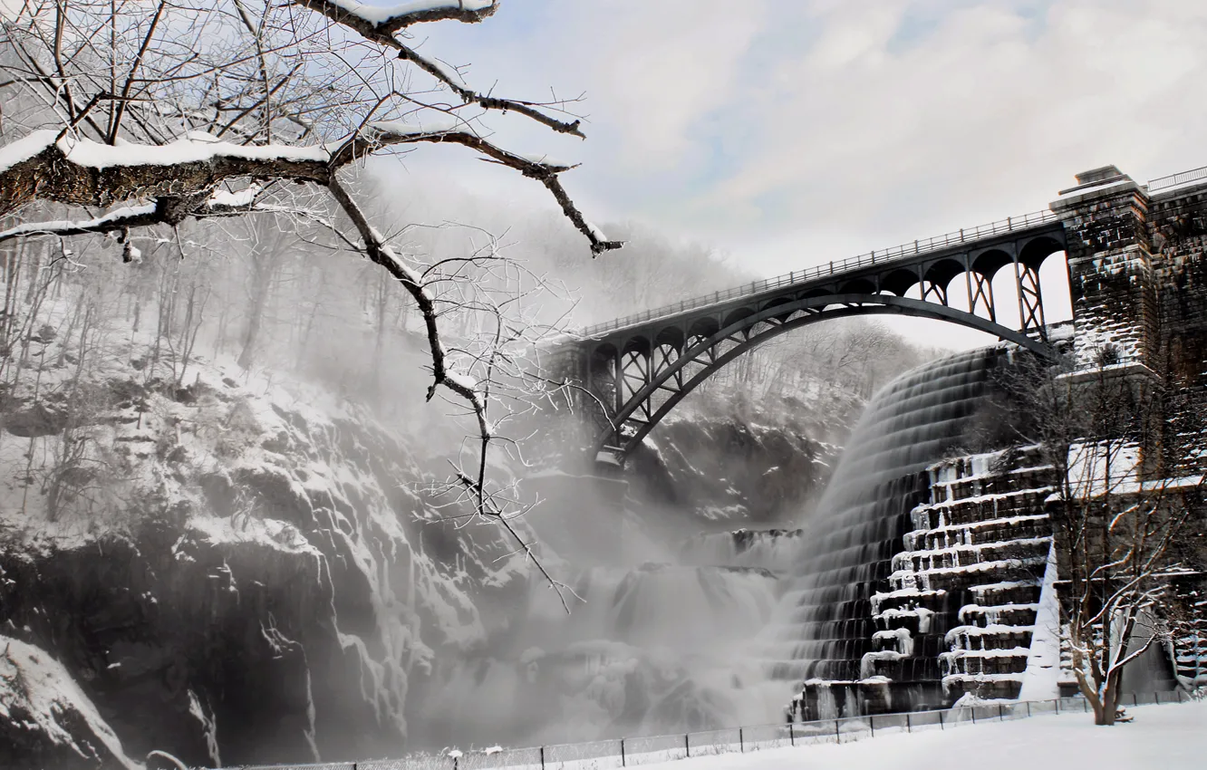 Photo wallpaper winter, bridge, river, dam