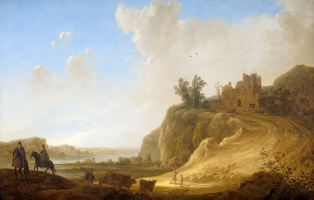 Photo wallpaper road, animal, picture, rider, Albert Jacobs Cape, Mountain Landscape with Castle Ruins