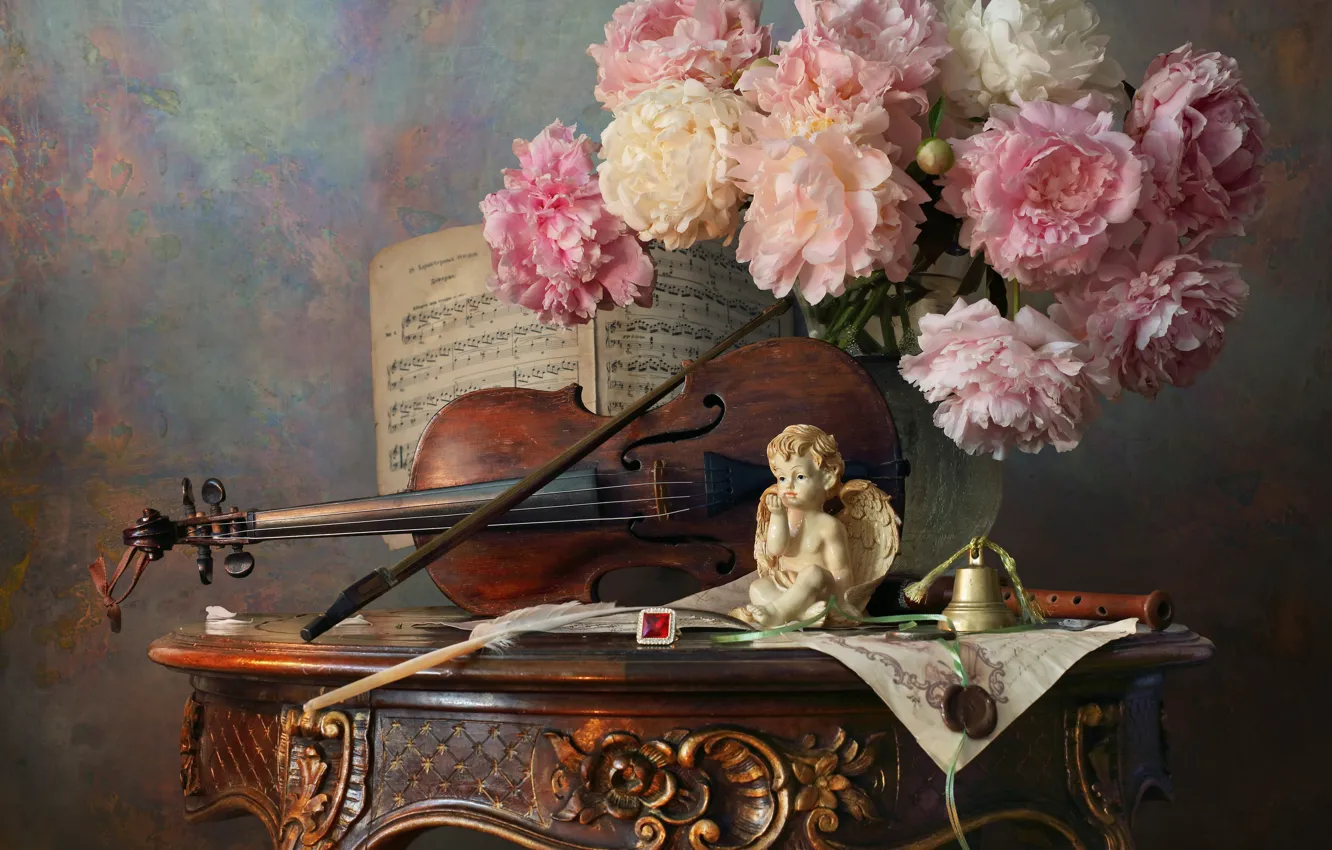 Photo wallpaper flowers, style, notes, violin, bouquet, figurine, still life, bells