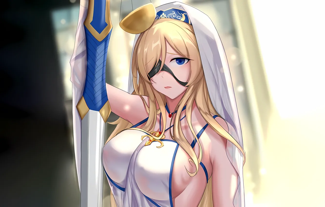 Photo wallpaper girl, sword, sexy, cleavage, long hair, dress, boobs, anime