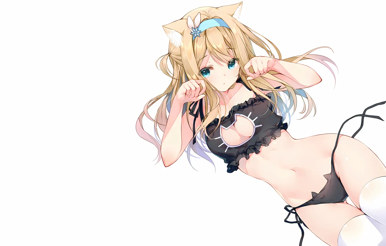 Photo wallpaper girl, sexy, lingerie, bra, cleavage, panties, thighhighs, green eyes