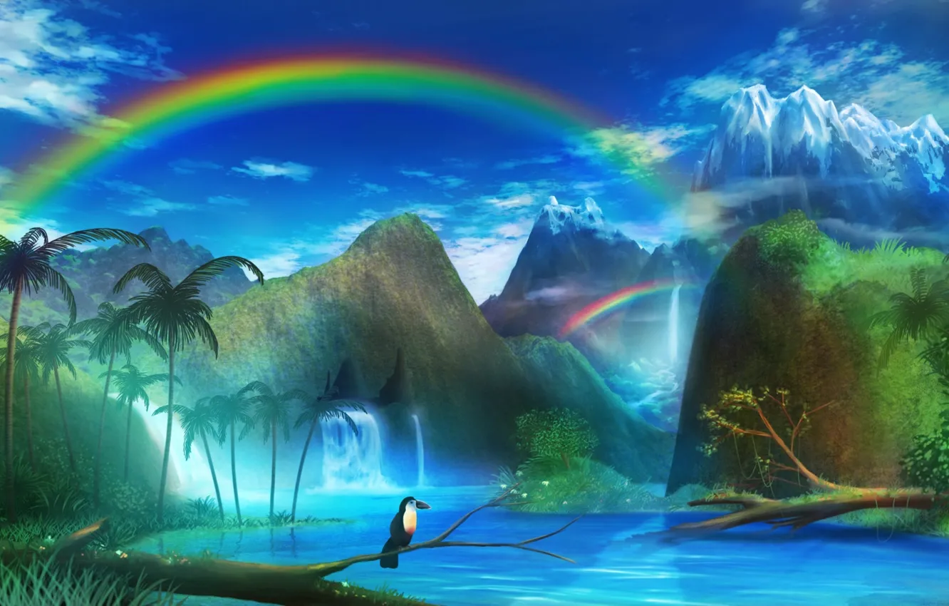 Photo wallpaper landscape, mountains, river, palm trees, bird, rainbow, art, monorisu
