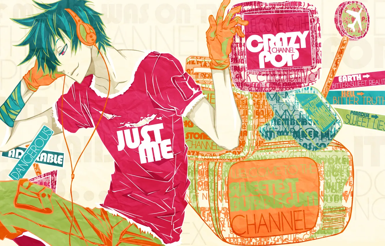 Photo wallpaper look, the inscription, anime, headphones, t-shirt, gloves, guy