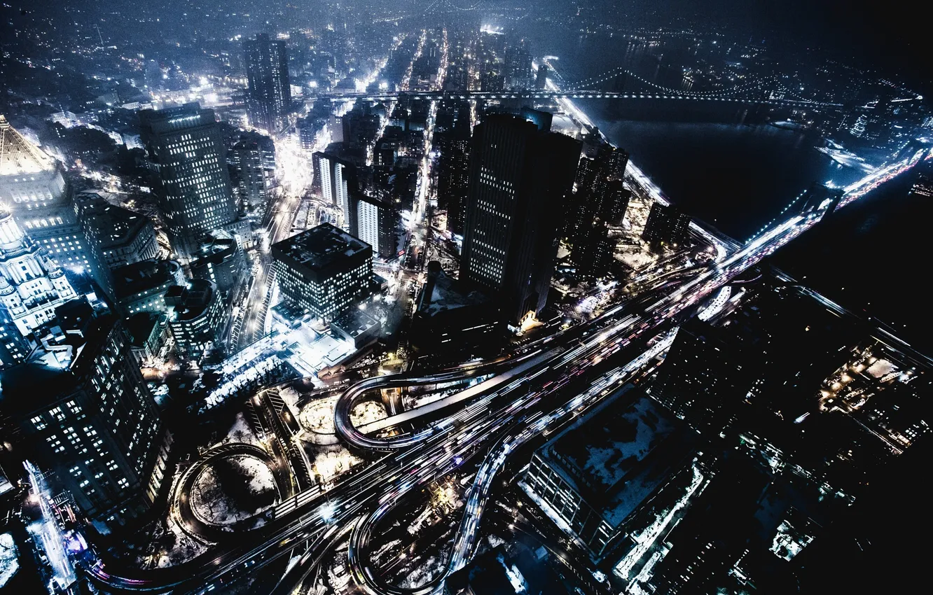 Photo wallpaper night, lights, USA, New York City, Downtown Manhattan