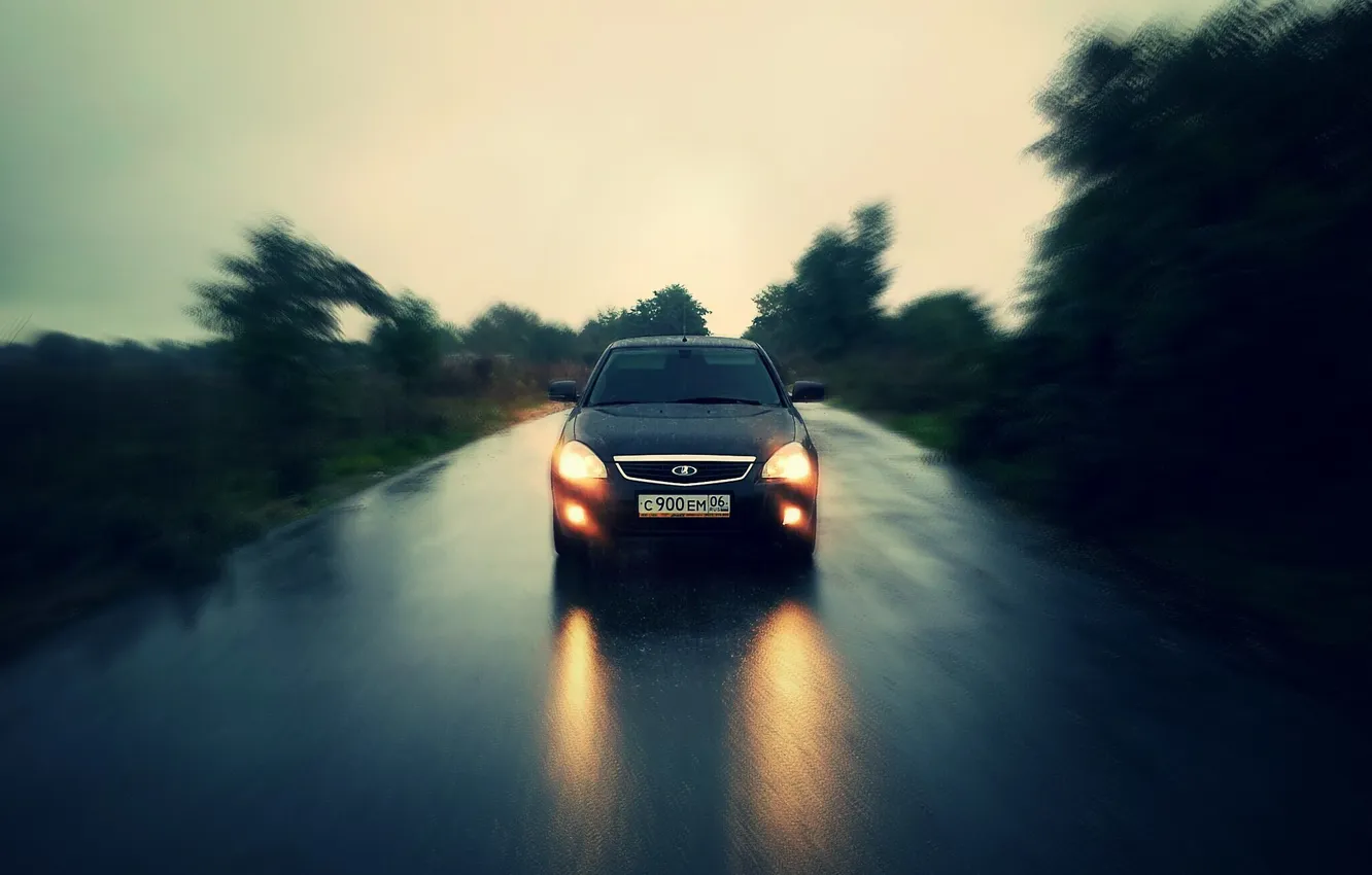 Photo wallpaper road, machine, auto, rain, Lada, auto, Lada, vaz