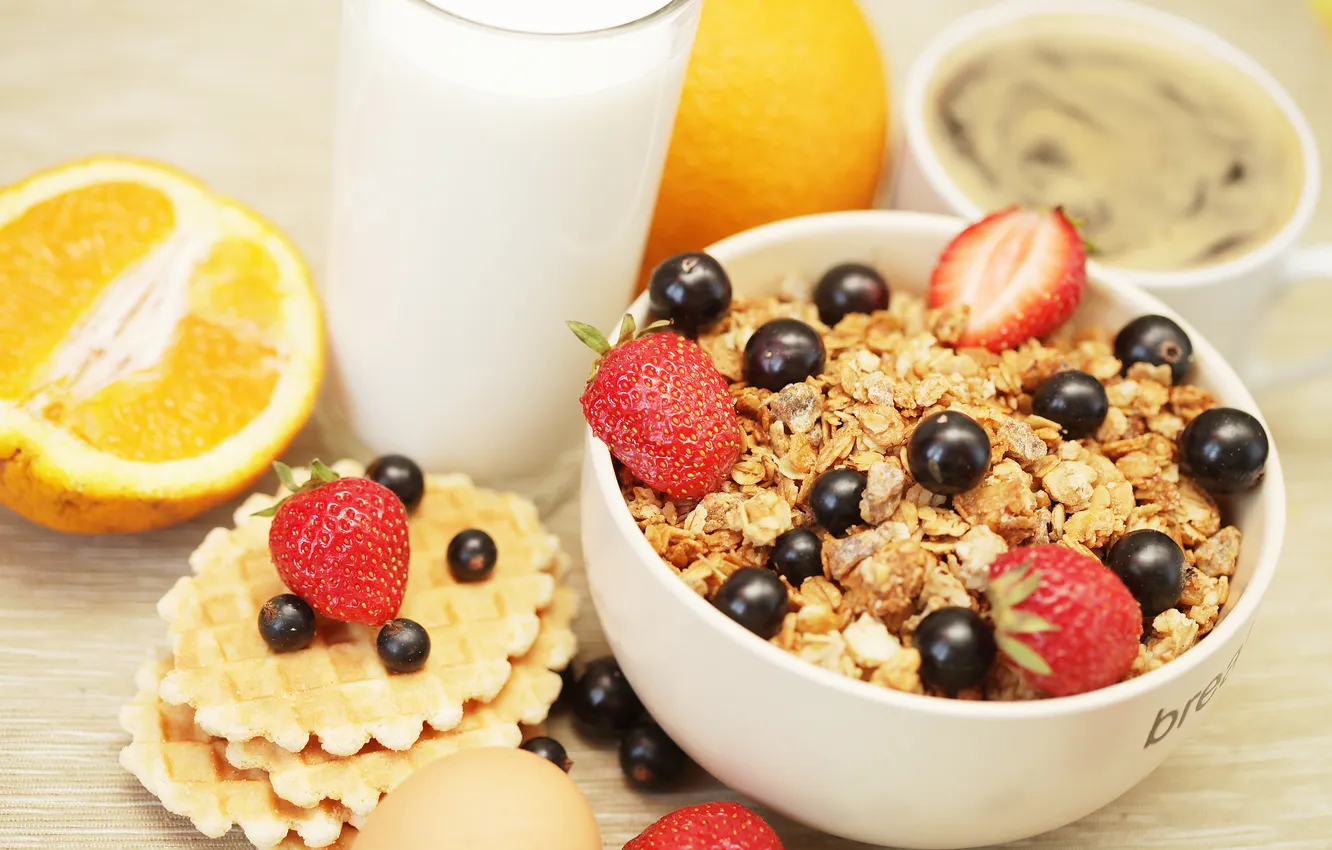 Photo wallpaper Breakfast, strawberry, currants, waffles, cereal