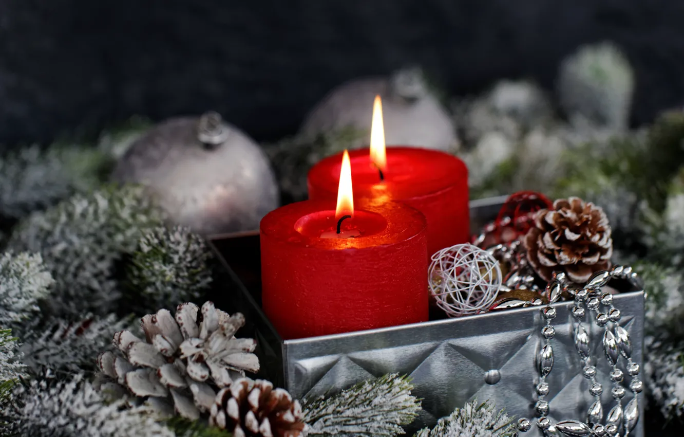 Photo wallpaper new year, candles, fir-tree branches, decor, bumps