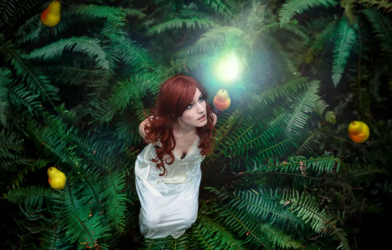 Photo wallpaper girl, light, the situation, fern, pear