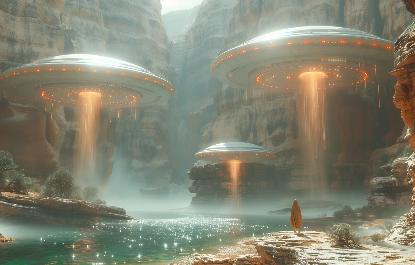 Photo wallpaper nature, fog, future, fiction, UFO, haze, spaceship, the futuristic