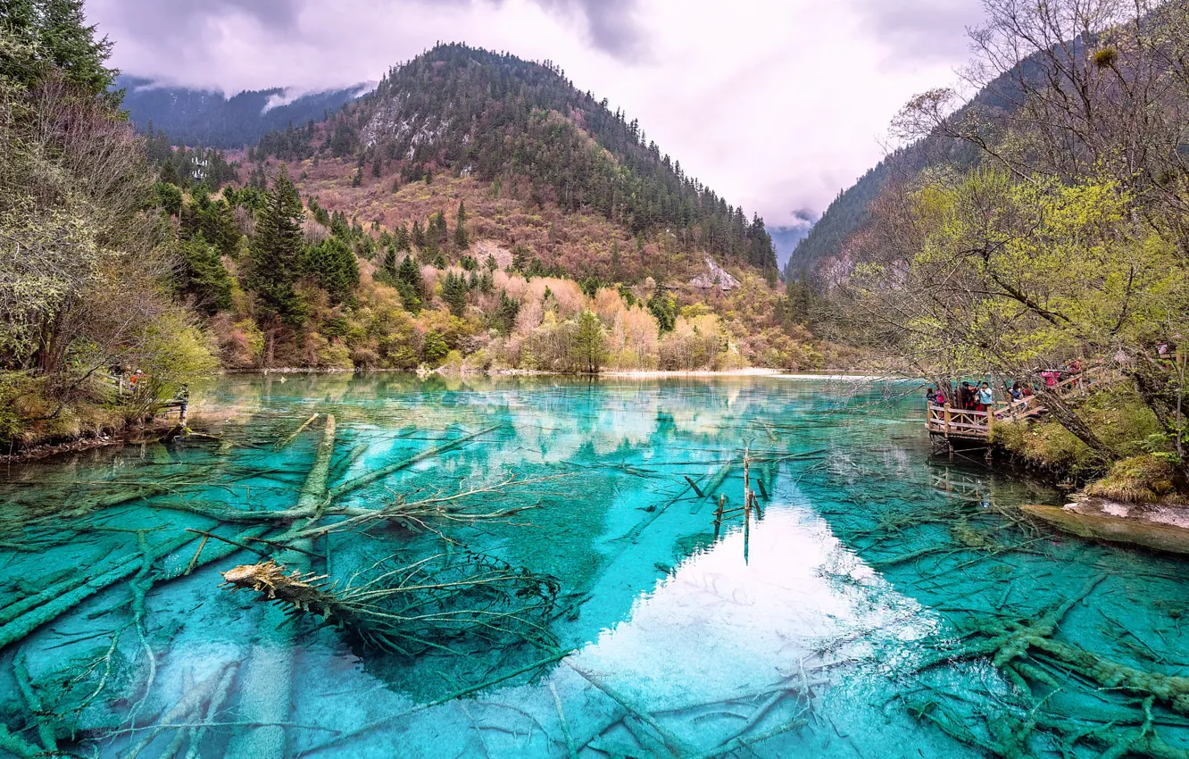 Photo wallpaper mountains, lake, shore