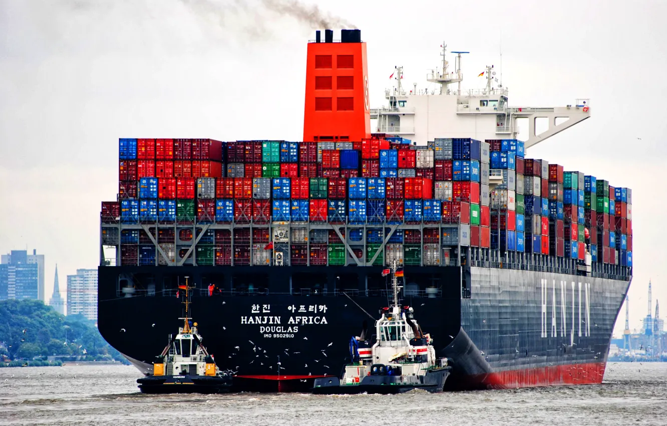 Photo wallpaper The ship, A container ship, Hamburg, Tugs, Feed, Vessel, Hanjin, Container Ship