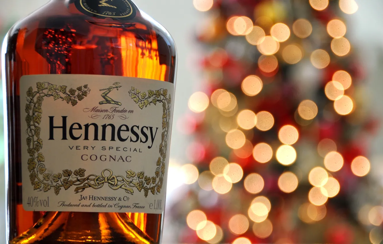 Photo wallpaper lights, bottle, cognac, bokeh, label, Hennessy