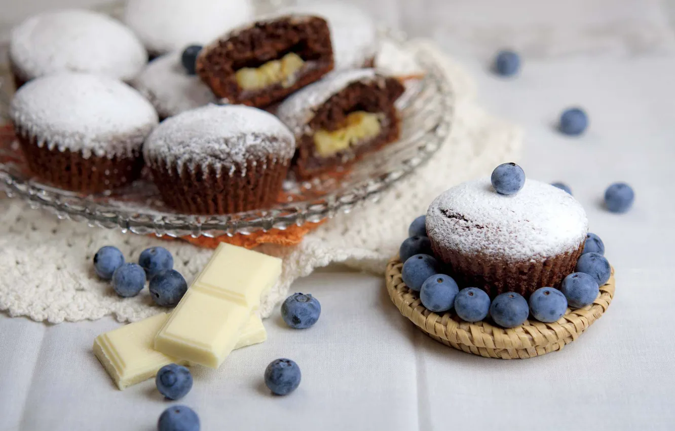 Photo wallpaper berries, chocolate, cupcakes, blueberries