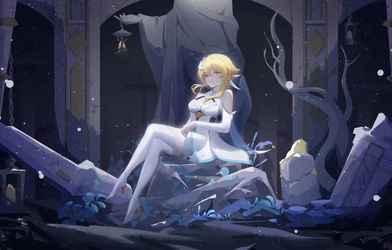 Photo wallpaper girl, snow, statue, ruins, Genshin Impact, Light