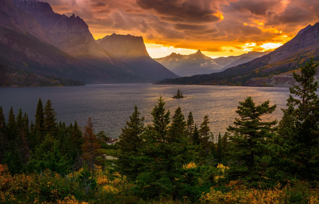 Photo wallpaper forest, the sky, trees, sunset, mountains, clouds, lake