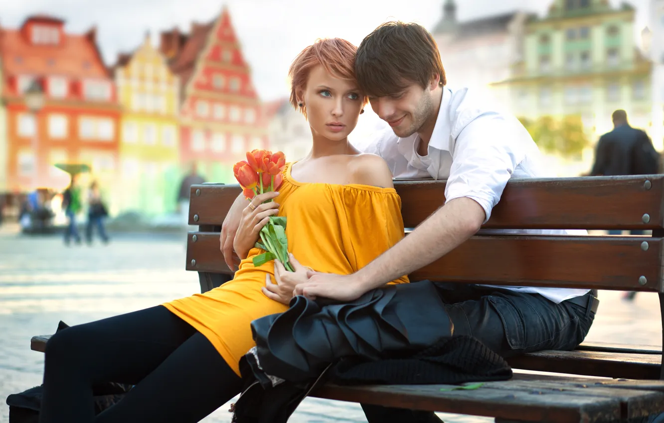 Photo wallpaper look, girl, flowers, bench, the city, people, home, dress
