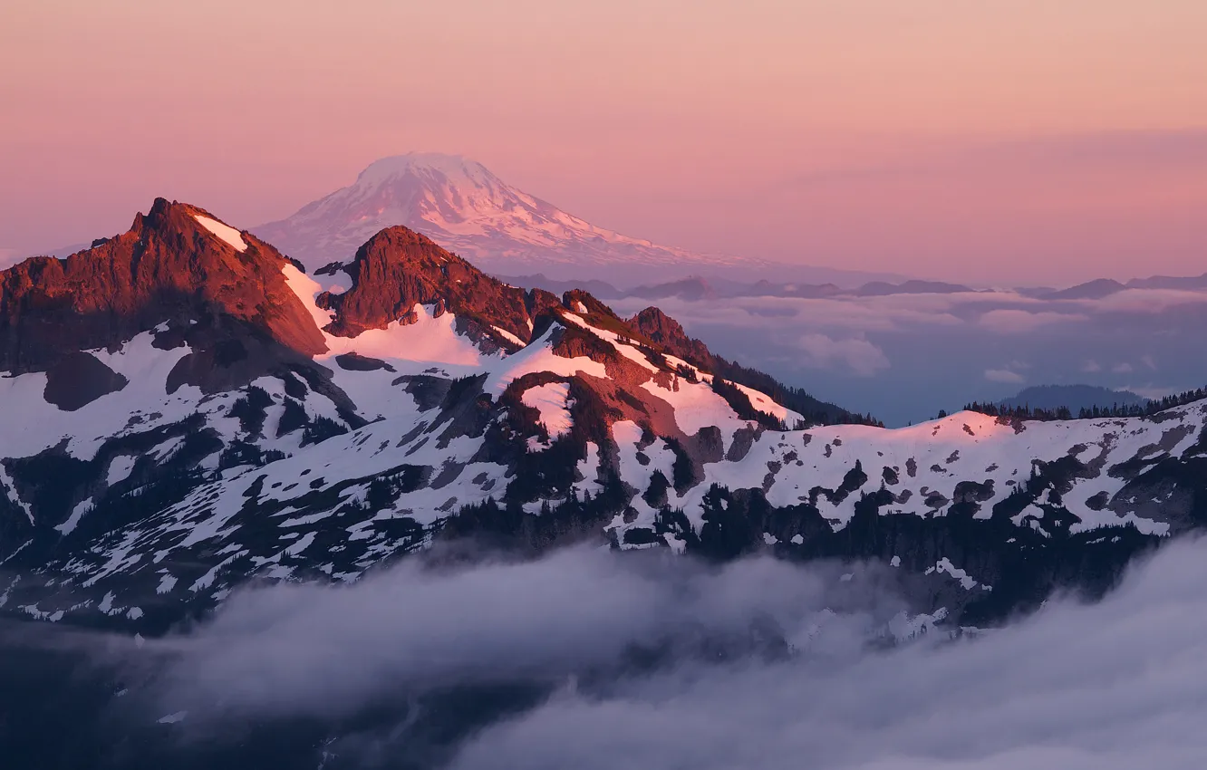 Photo wallpaper winter, the sky, clouds, snow, trees, sunset, mountains, nature