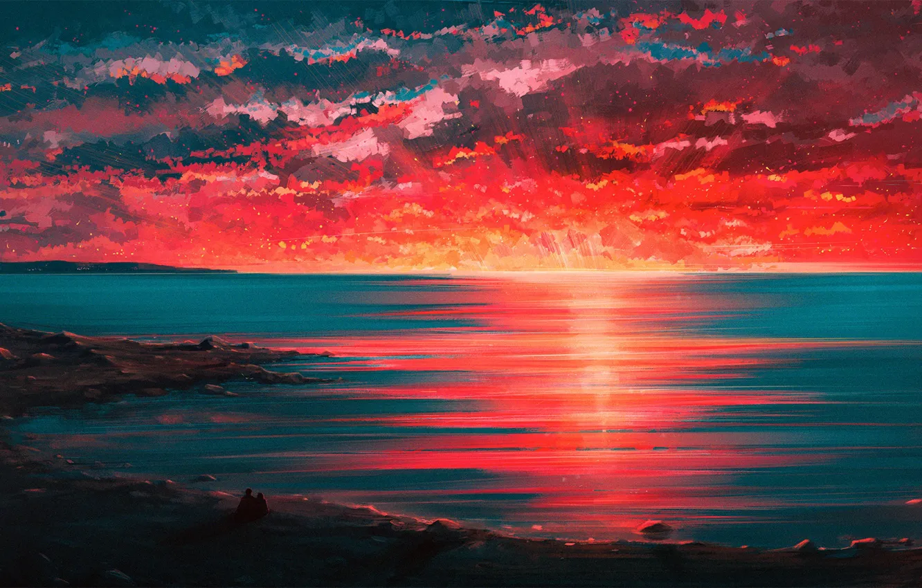 Photo wallpaper Sunset, Sea, Figure, Shore, People, Pair, Seaside, Aenami