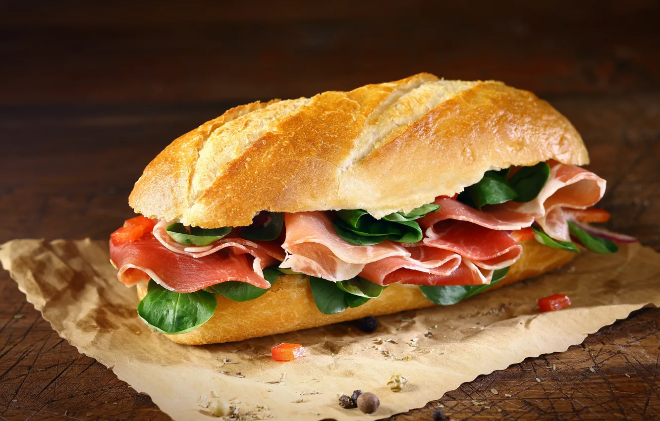 Photo wallpaper bread, pepper, sandwich, sandwich, salmon, ham, baton
