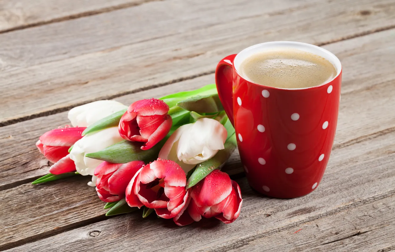 Photo wallpaper flowers, bouquet, tulips, red, white, wood, flowers, tulips