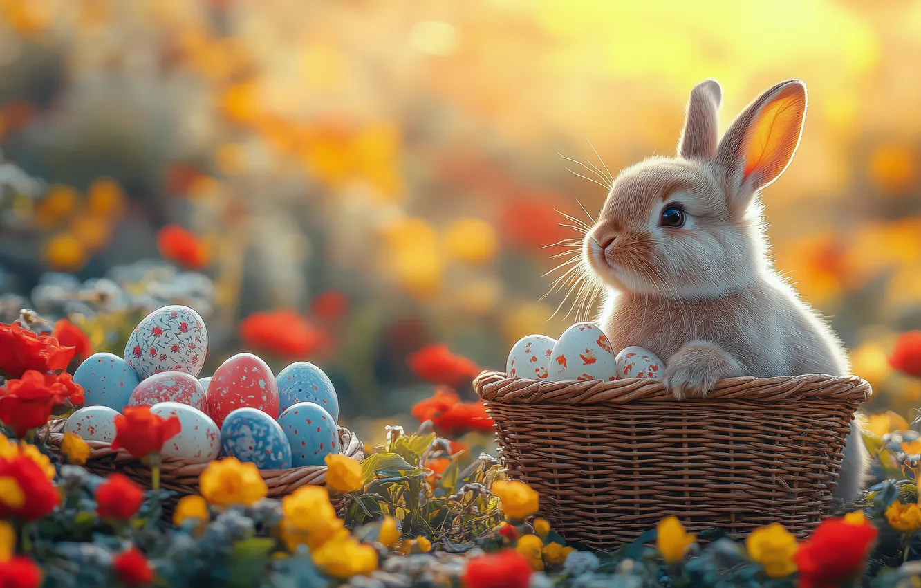 Photo wallpaper light, flowers, nature, glade, eggs, spring, rabbit, Easter