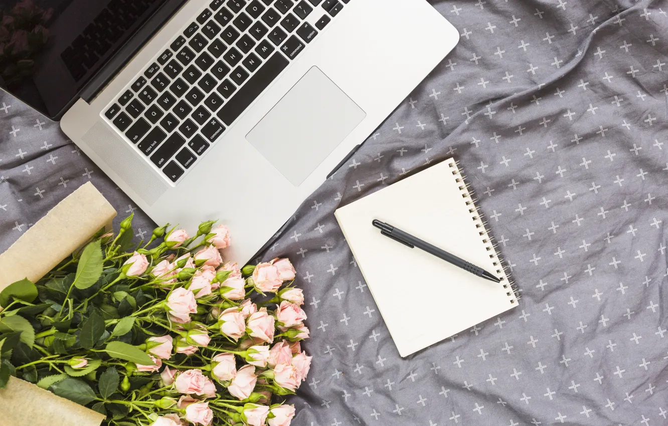 Photo wallpaper flowers, roses, bouquet, laptop, pink, pink, flowers, beautiful
