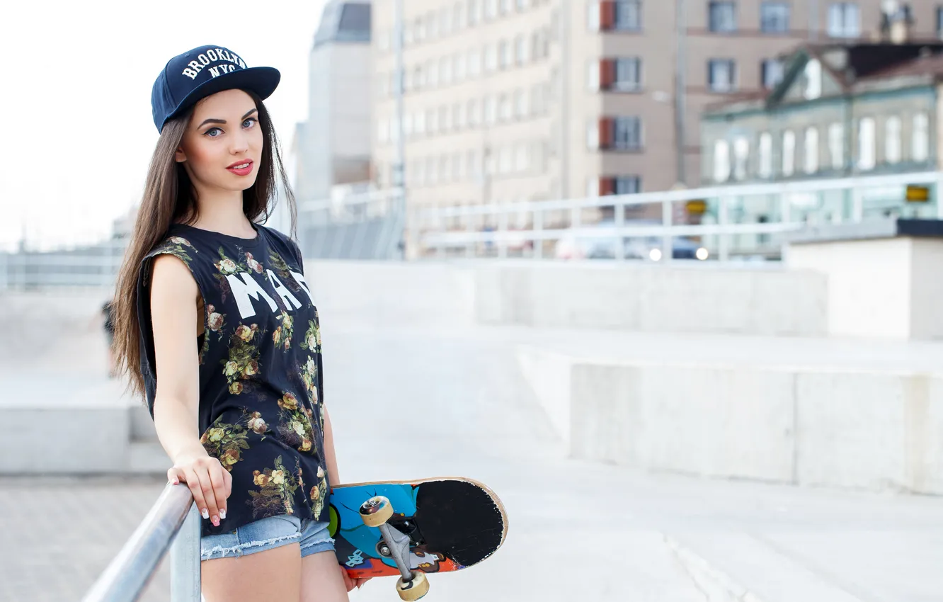 Photo wallpaper shorts, long hair, woman, young, beautiful, model, brunette, skateboard