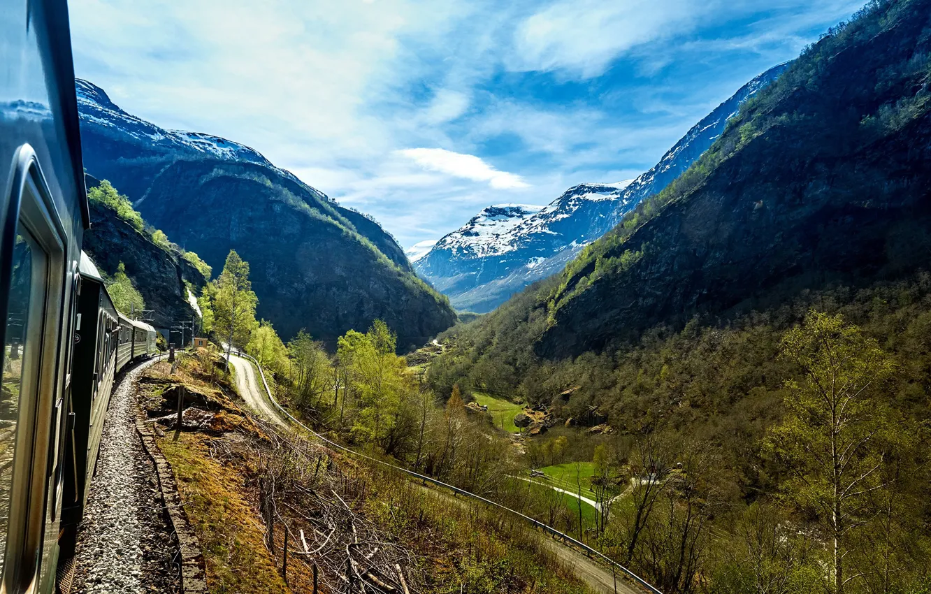 Photo wallpaper road, landscape, mountains, nature, train, valley, railroad, Alexander Alferov