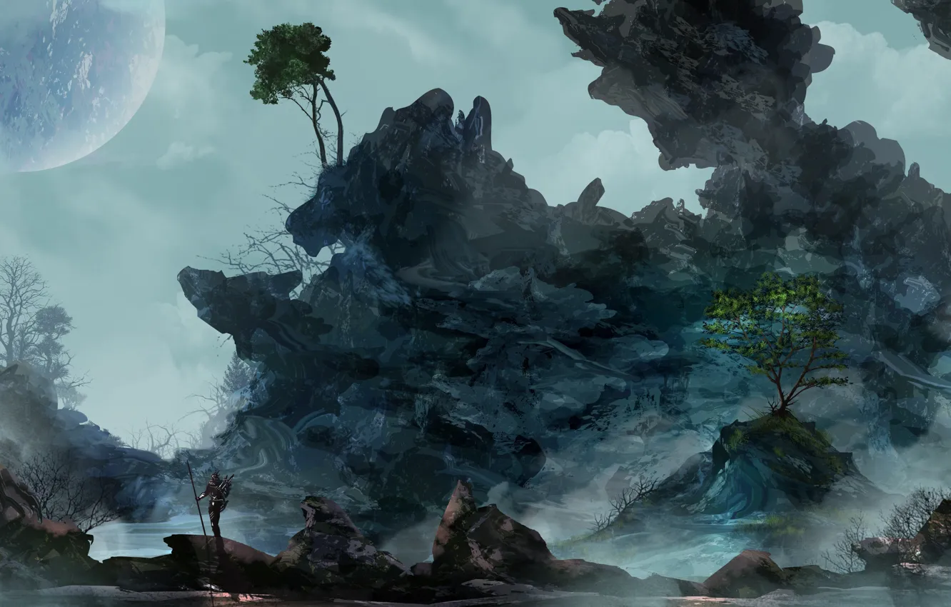 Photo wallpaper the sky, landscape, weapons, rocks, people, planet, art