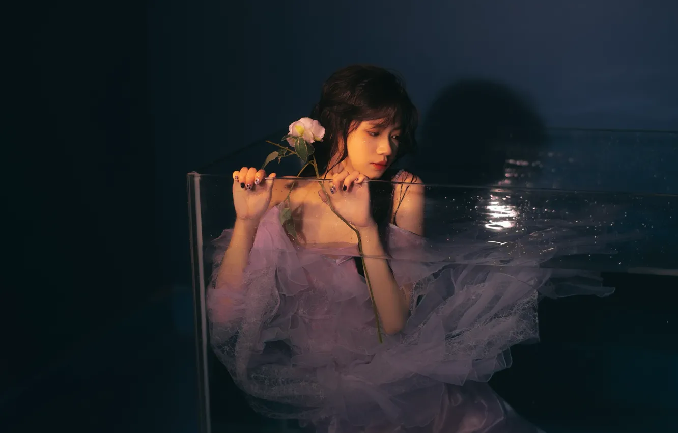 Photo wallpaper glass, rose, woman, water, model, asian, aquarium