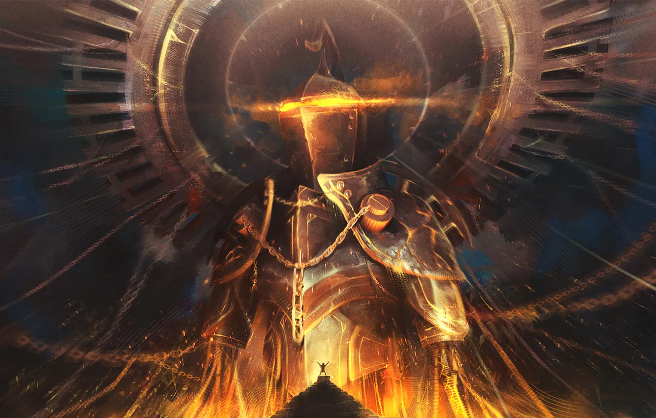 Photo wallpaper fire, people, pyramid, armor, chain