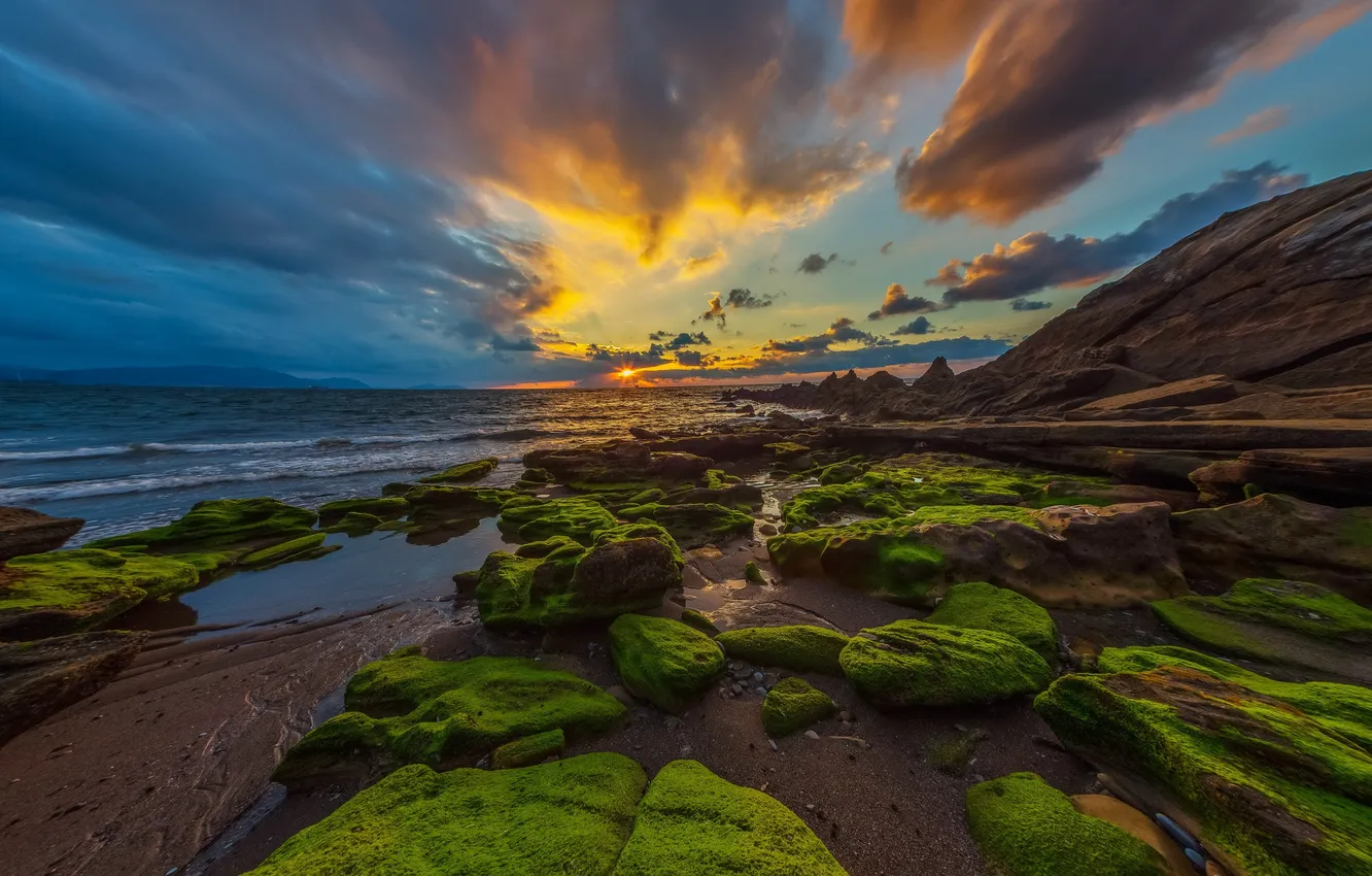 Photo wallpaper sea, sunset, stones