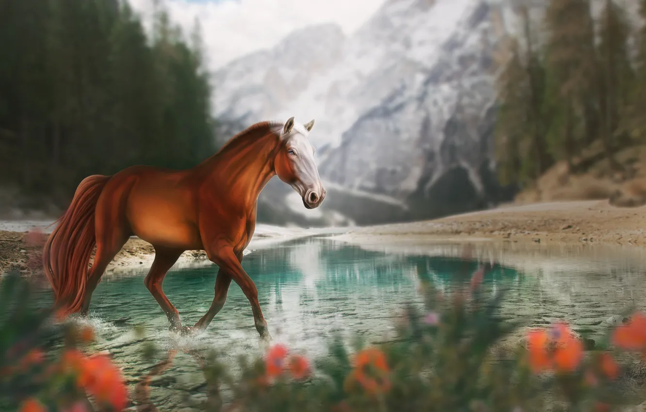 Photo wallpaper mountains, nature, lake, horse, by Fiirewolf