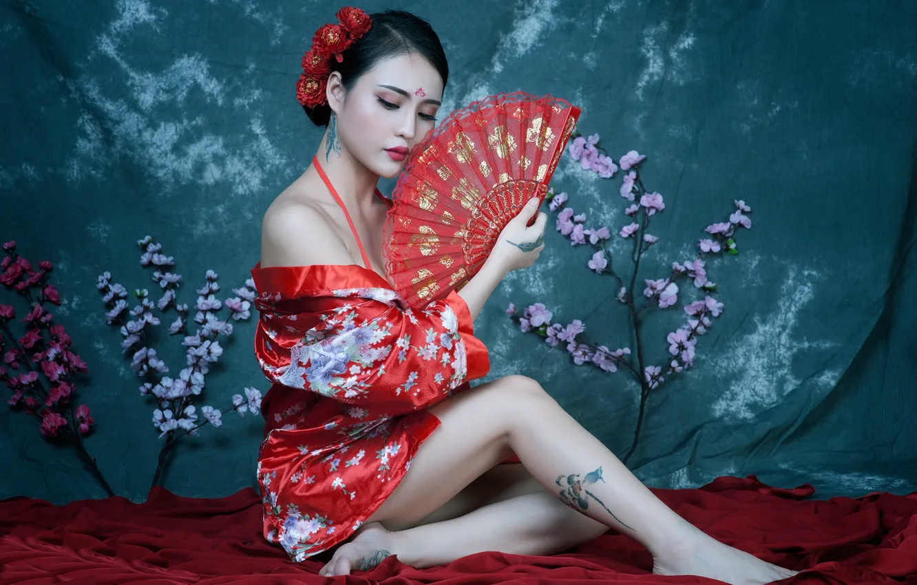 Photo wallpaper girl, tattoo, fan, legs, kimono, Asian