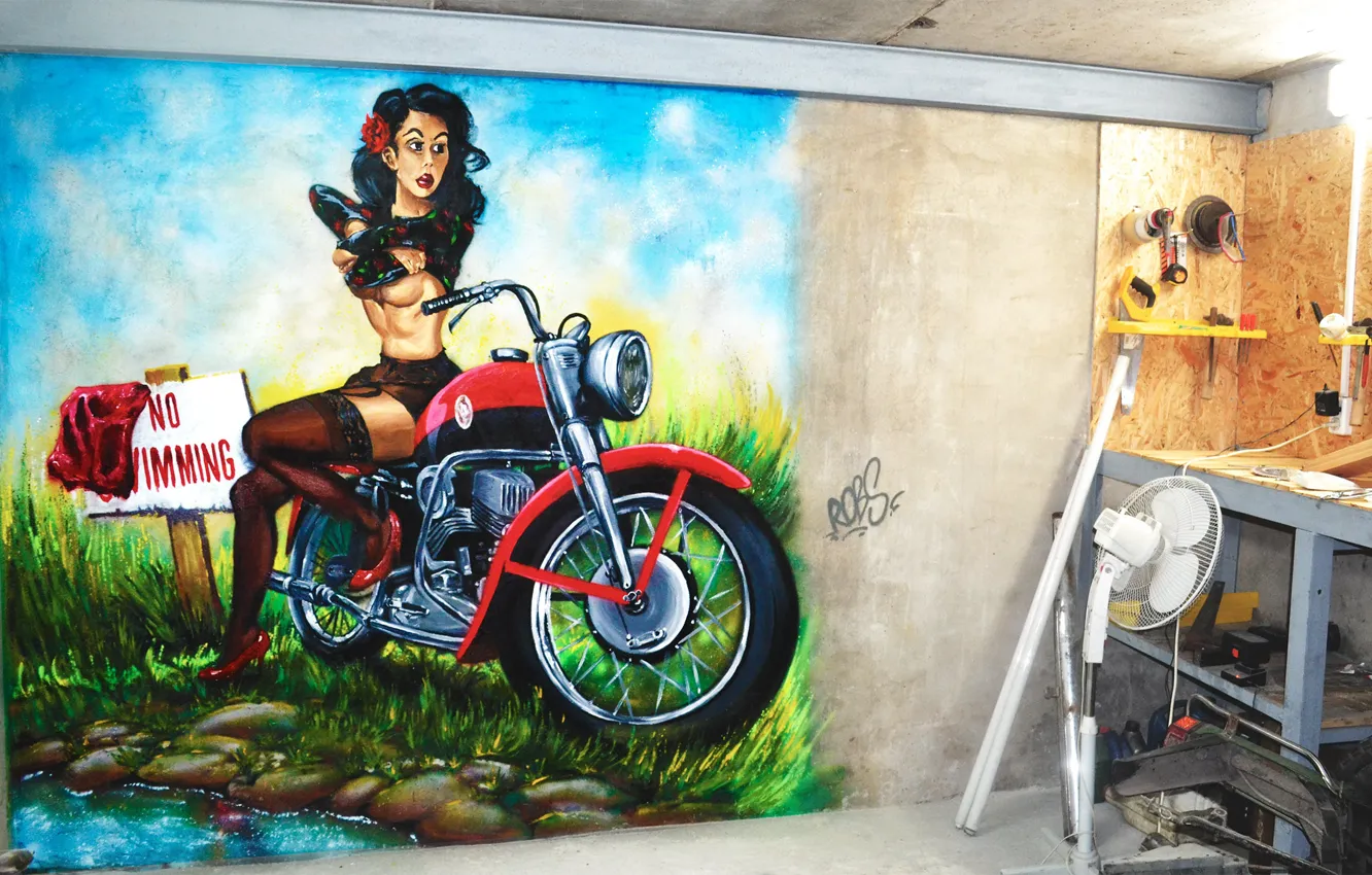 Photo wallpaper summer, girl, nature, graffiti, figure, garage, motorcycle, bike