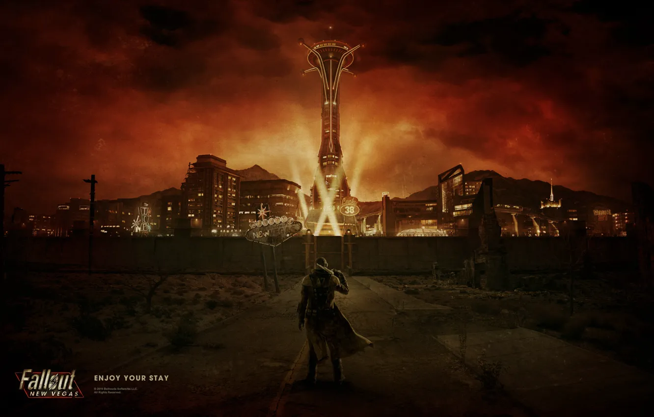 Photo wallpaper road, night, the city, lights, Fallout, New Vegas, Ranger