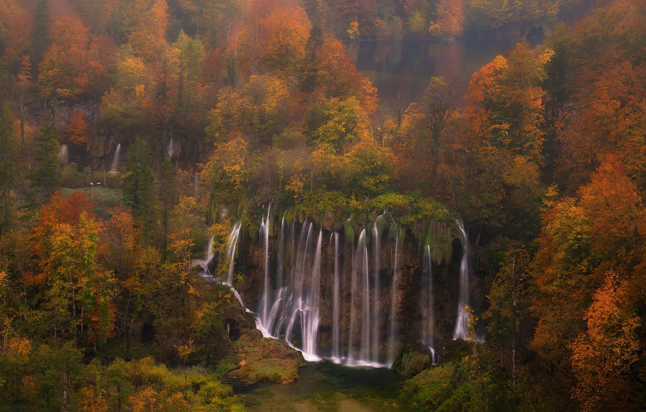 Photo wallpaper autumn, forest, trees, waterfall, cascade, Croatia, Croatia, Plitvice Lakes National Park
