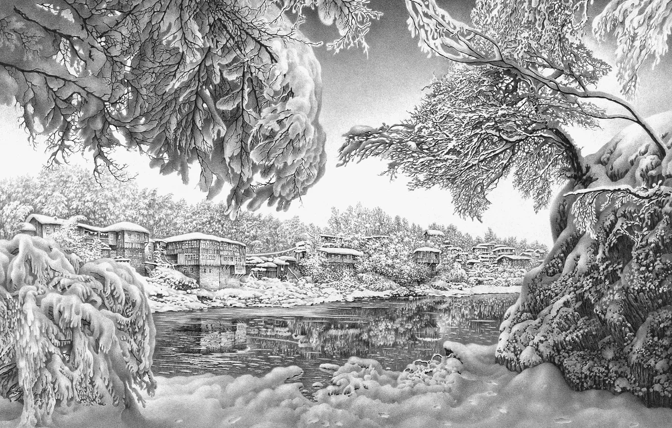 Photo wallpaper winter, nature, pencils, art, black and white, GURAM