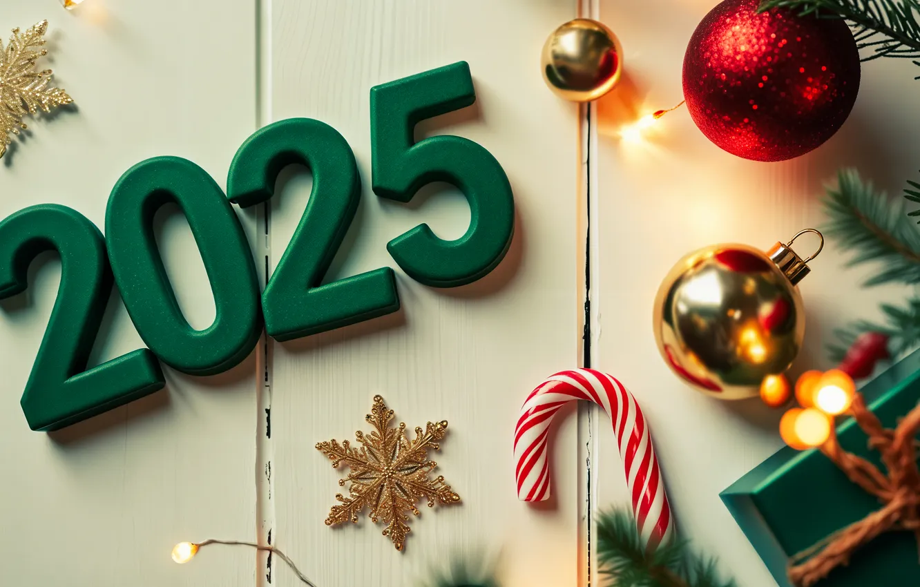 Photo wallpaper balls, snowflakes, branches, red, lights, green, box, gift