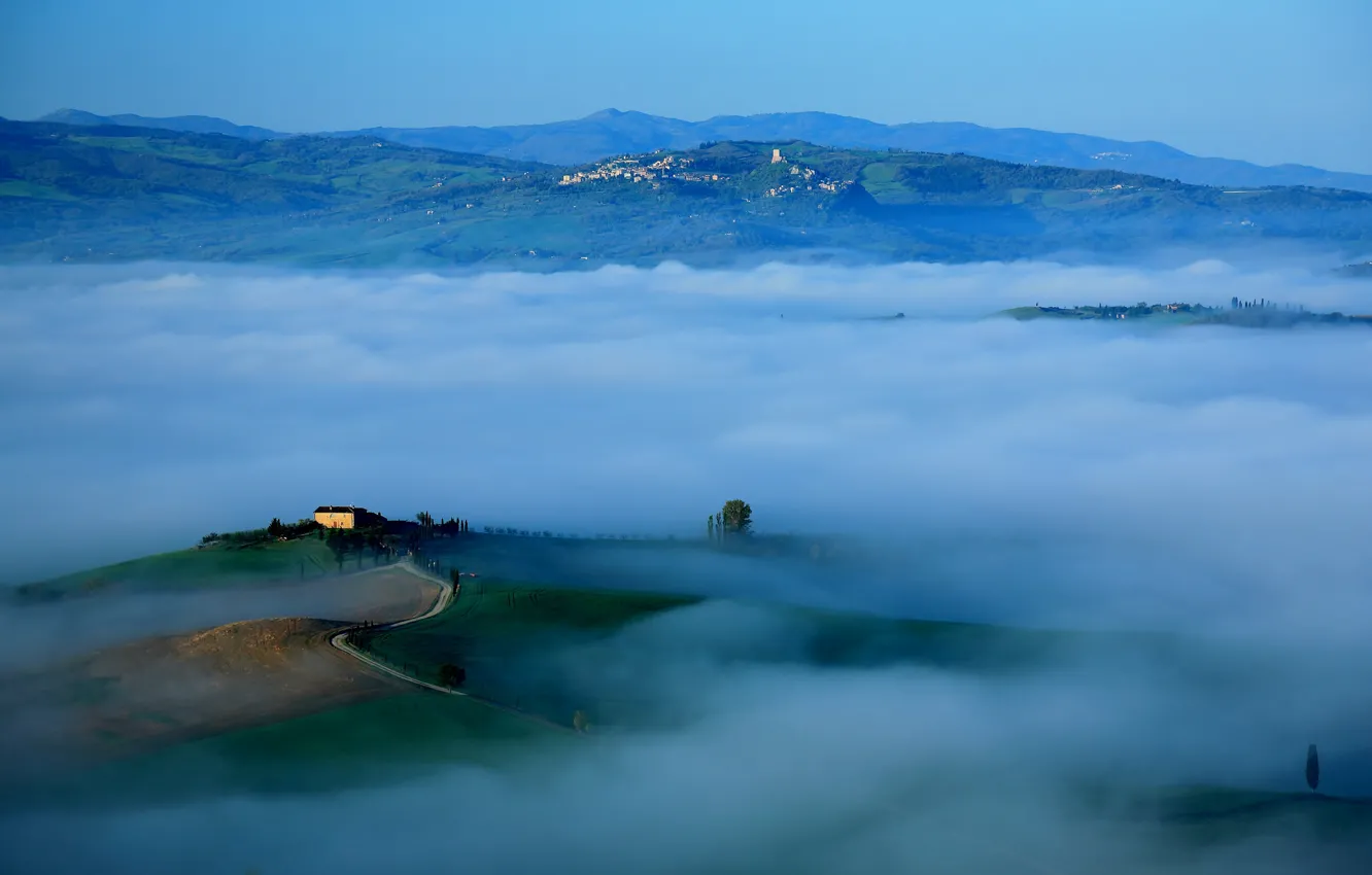 Photo wallpaper the sky, mountains, fog, hills, morning, Italy, Tuscany